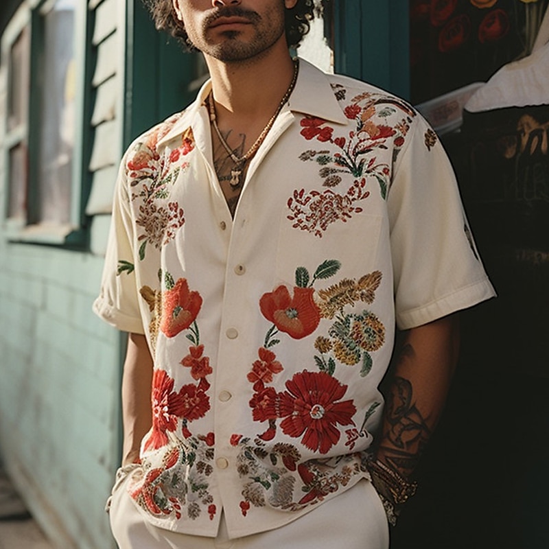 Men's Floral Shirt Button Up Shirt Short Sleeve Sports Fashion Streetwear Outdoor Casual Holiday Summer Spring Cuban Collar Print White Yellow Wine Red4