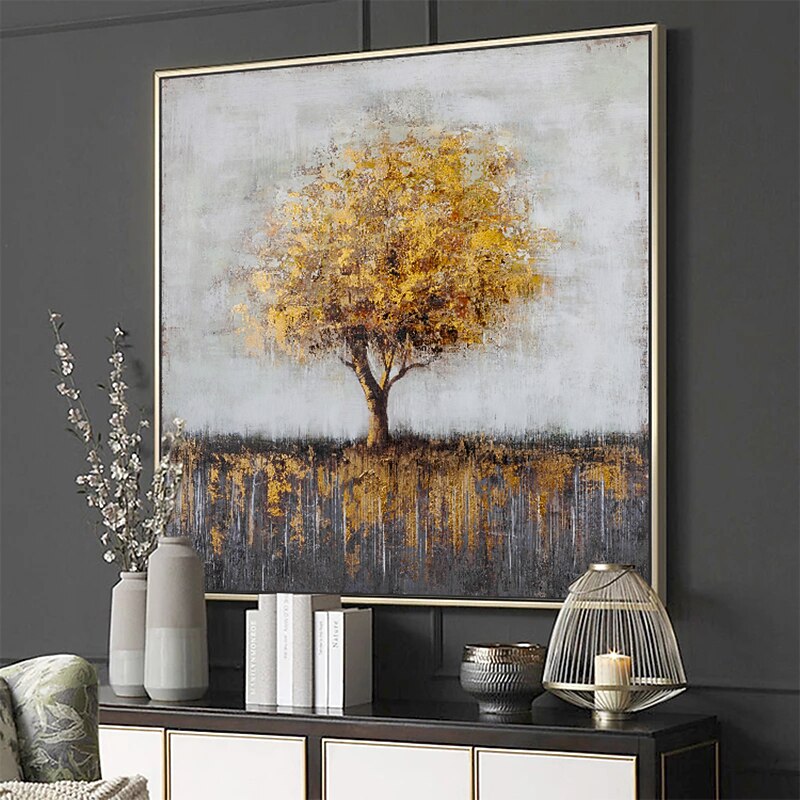 Handmade Oil Painting Canvas Wall Art Decoration Modern Abstract Golden Tree Landscape for Home Decor Rolled Frameless Unstretched Painting3