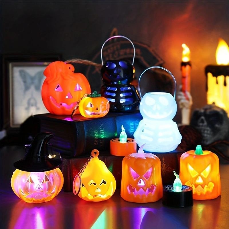 Halloween DecorationJack O Lantern Electronic Candle Light, Portable Candlestick Night Light, Ghost Festival Decoration, Props Atmosphere Layout, Suitable for Autumn Thanksgiving Table Decoration - Main Image