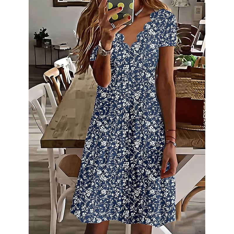 Women's Mini Dress Casual Dress Petite Dress Sundress Shift Dress Vacation Casual Outdoor Vacation Daily Regular Fit Floral Short Sleeve Sweetheart White Navy Blue Blue Summer Spring