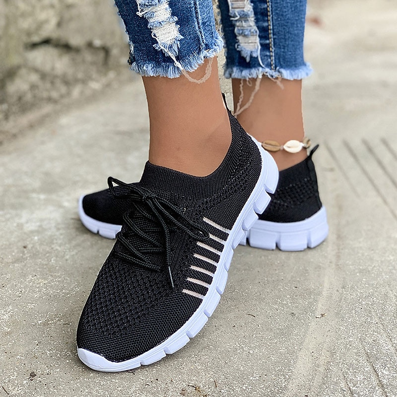 Women's Black Knit Sneakers with White Sole for Running and Casual Wear4