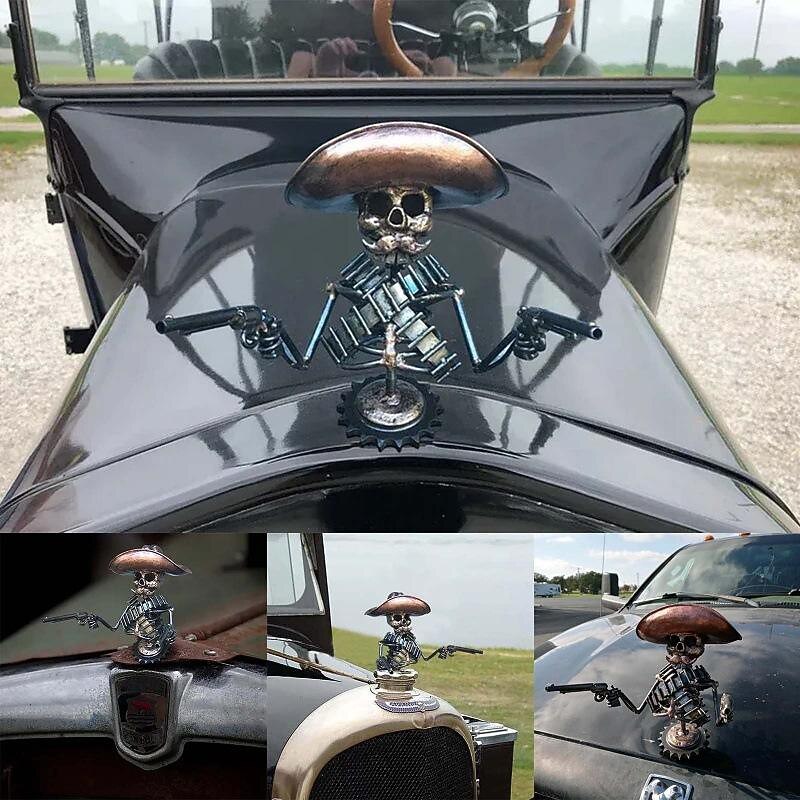 Halloween Cowboy Skull Gunslinger Hood Metal Skull Hood Ornament - Skeleton Statue Decor - Metal Skeleton Car Hood Ornaments Skeleton Statue Handmade Cast Cowboy For House Door