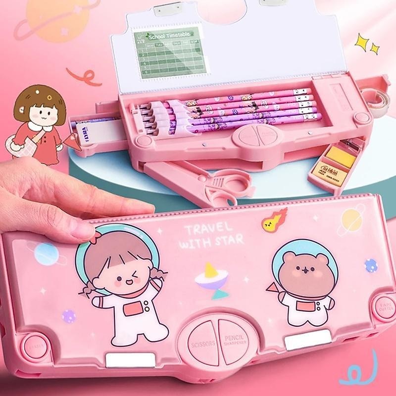 Multifunction Deformed Pencil Case Cute Cartoon Stationery Storage Box Pen Organizer with Scissor, Eraser, Sharpener, Ruler, Tape and Schedule For Girls Boys Student School Supplies Gifts