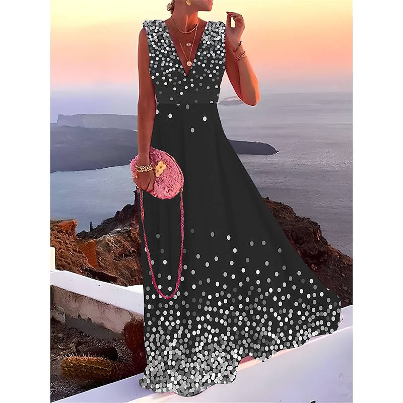 Women's Long Dress Maxi Dress Prom Dress Party Dress Wedding Guest Dress Swing Dress Fashion Party Mature Vacation Wedding Guest Special Occasion Regular Fit Ombre Sleeveless Deep V Silver Yellow2