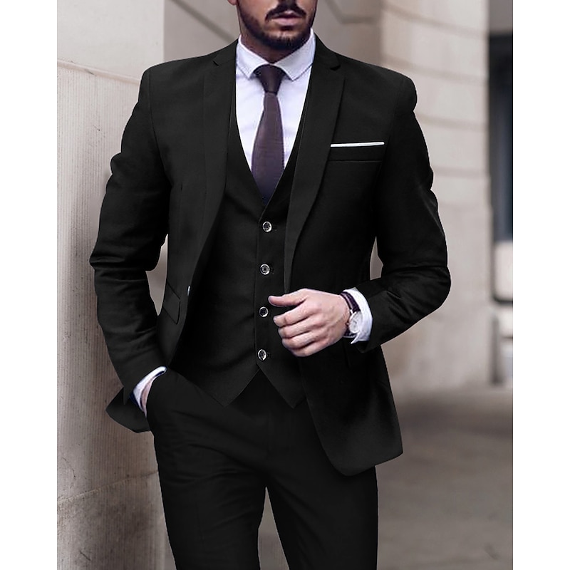 Men's Wedding Suits Notch Black Dark Green Solid Colored Tailored Fit 3 Piece Single Breasted One-button2