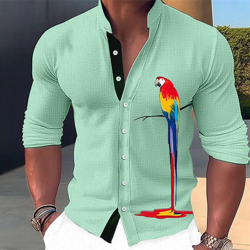 Men's Parrot Shirt Button Up Shirt Long Sleeve Fashion Streetwear Designer Outdoor Casual Daily Summer Spring Fall Stand Collar Print Black White Blue Green Khaki4