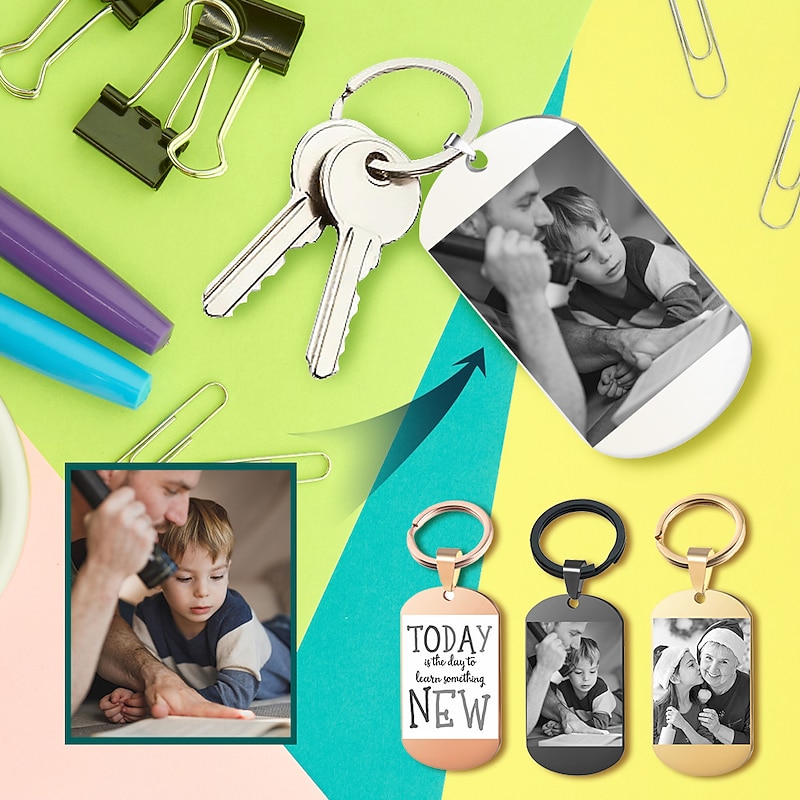 Photos Text Logo Steel Keychain Double Sided Back to School Gift, Customized Engraved Tag Stainless Steel Key Chain, Memory of First Day of Grade. Personalized Valentine Gift Custom Made