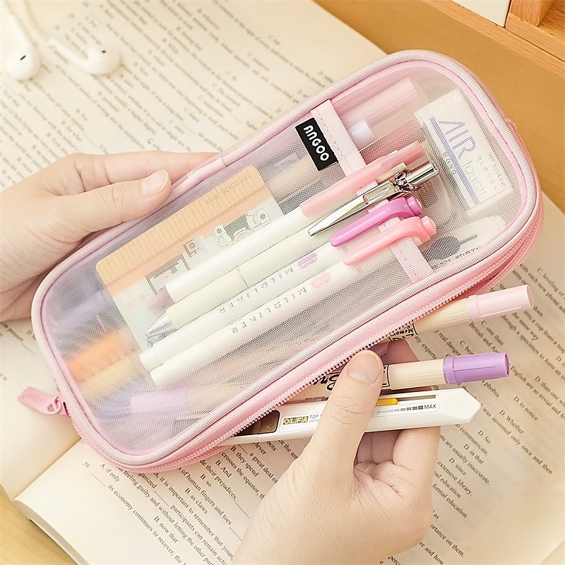 EASTHILL Grid Mesh Pen Pencil Case with Zipper Clear Makeup Color Pouch Cosmetics Bag Multi-Purpose Travel School Teen Girls Transparent Stationary Bag Office Organizer Box for Adluts(Pink)3
