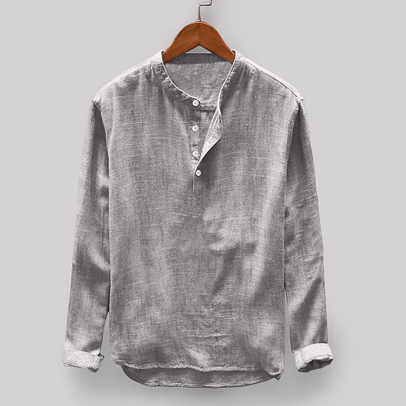 Men's Shirt Linen Shirt Summer Shirt Beach Wear Band Collar Shirt Solid Color Vacation Casual Light Blue Black White Light Grey Half Sleeve Collar Clothing Apparel3