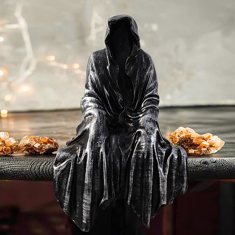 Halloween Horror Art Design Resin Black Robe Dead God Sitting Statue Gothic Dark Knight Terror Dead God Decoration Suitable for Halloween Home Decoration Bookcase Desktop Decoration Gifts 1PC