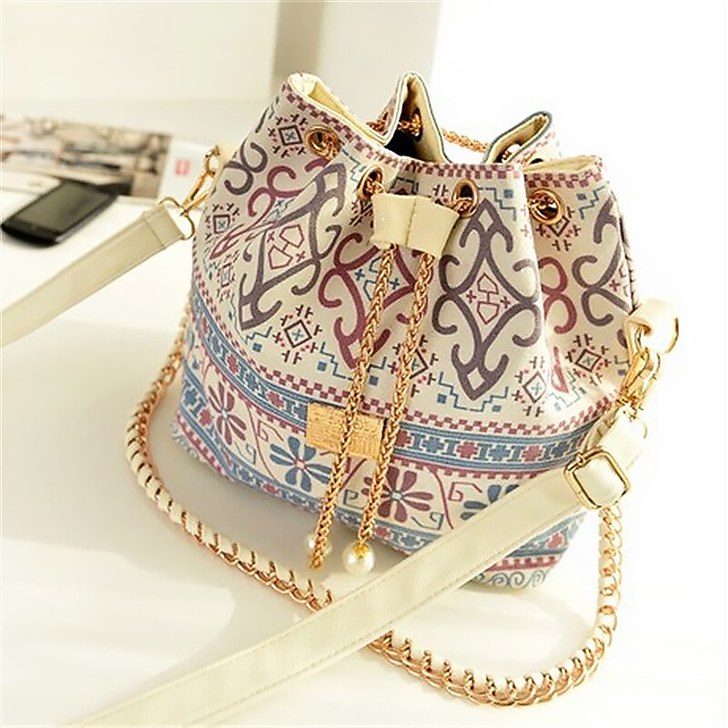 Women's Geometric Print Drawstring Bucket Bag with Gold Chain Strap – Casual Crossbody Handbag for Daily Use