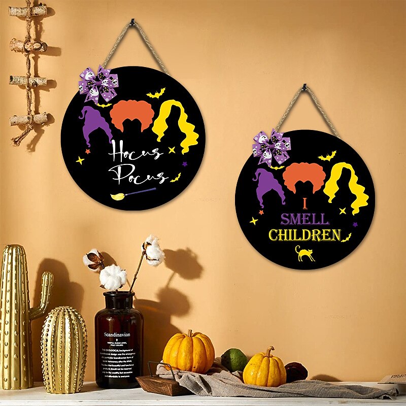 Halloween Door Sign Hocus Pocus Decor - I Smell Children Wall Decor - Wooden Door Hangers Wreath with Bow for Halloween Decorations Indoor Party Supplies