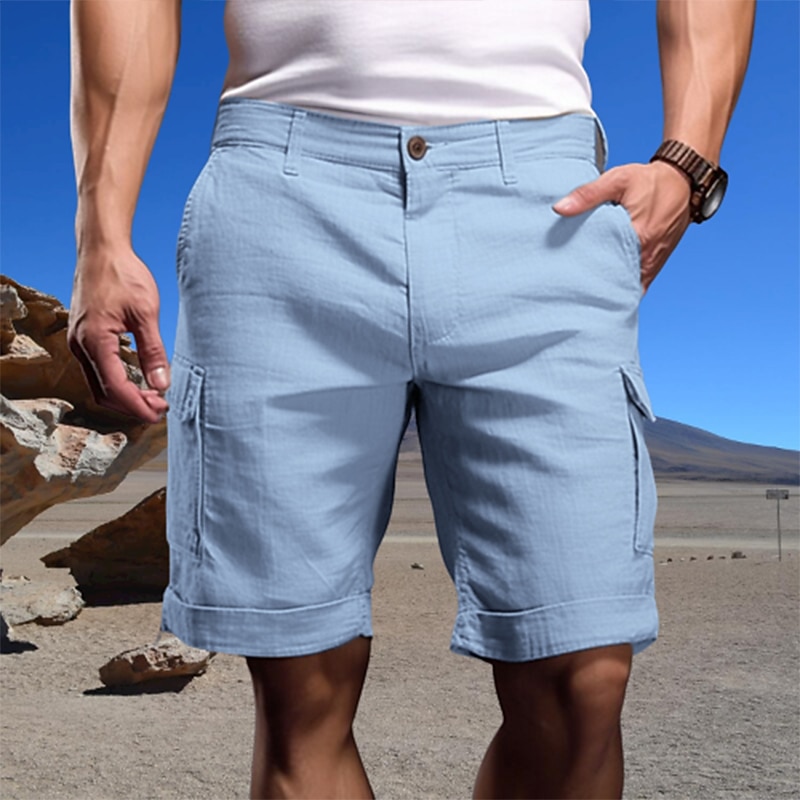 Men's Cargo Shorts Shorts Linen Shorts Summer Shorts Pocket Plain Comfort Soft Outdoor Daily Going out Fashion Casual White Sky Blue