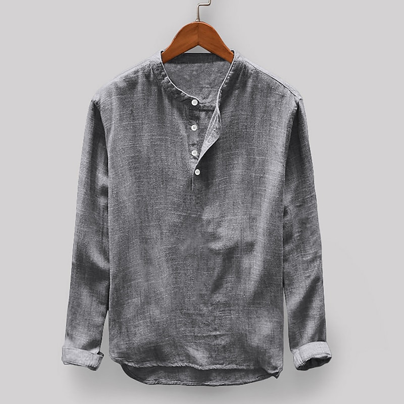 Men's Shirt Linen Shirt Summer Shirt Beach Wear Band Collar Shirt Solid Color Vacation Casual Light Blue Black White Light Grey Half Sleeve Collar Clothing Apparel2