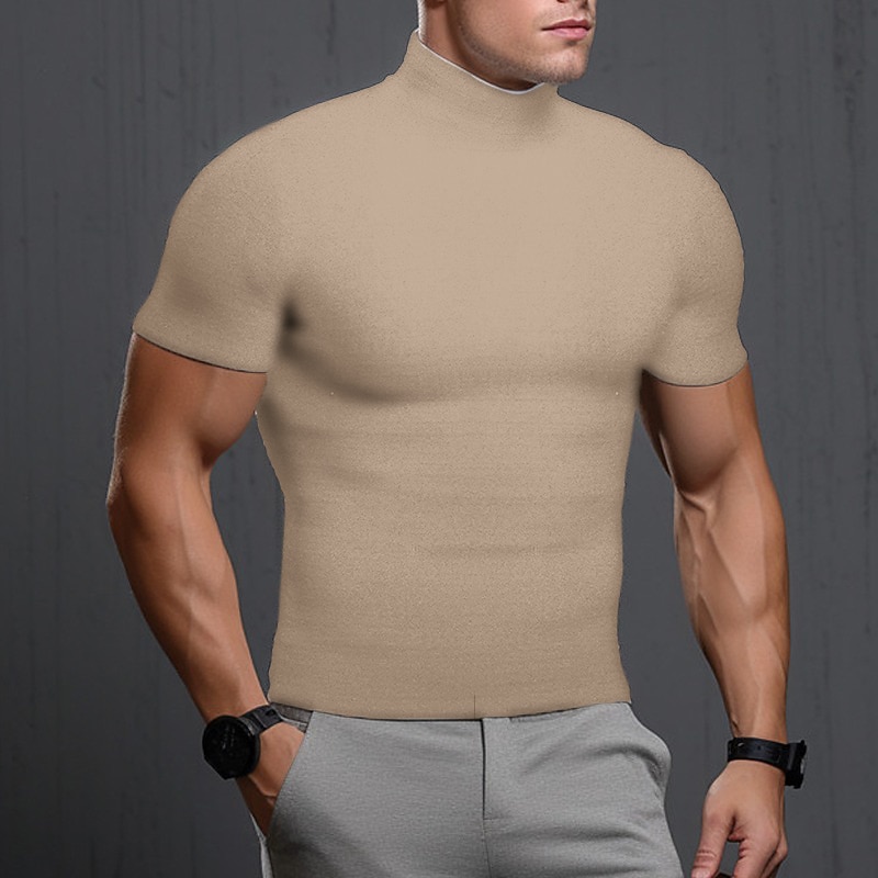 Men's T Shirt Tee Top Short Sleeves Turtleneck Summer Plain Pit Strip Fashion Designer Basic Vacation Street Going out Black White Khaki Top Tee for Men4
