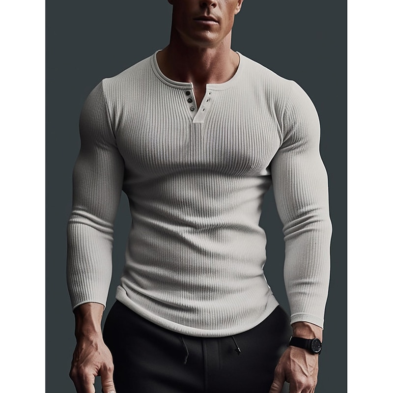 Men's Henley Shirt Muscle Shirt Ribbed Knit tee Tee Top Long Sleeve Shirt Long Sleeve Plain Pit Strip Fashion Designer Basic Henley Vacation Street Going out Summer Black White Dark Gray Henley