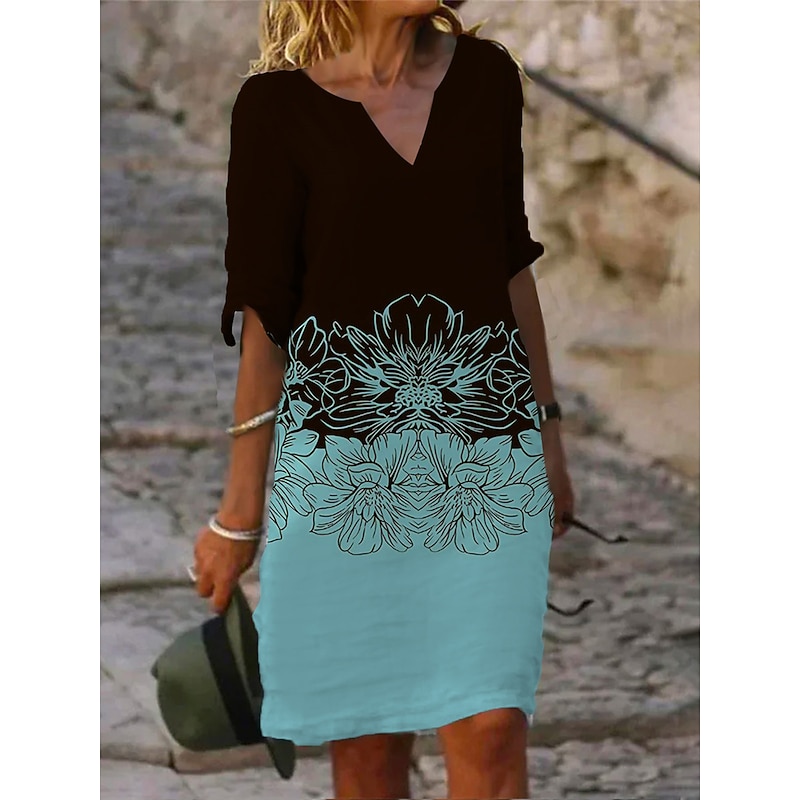 Women's Mini Dress Petite Dress T Shirt Dress Tee Dress Shift Dress Summer Dress Active Fashion Streetwear Outdoor Vacation Work Regular Fit Floral Half Sleeve Split Neck Navy Blue Blue2