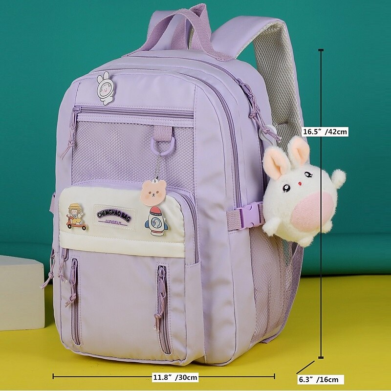 Girls' Aesthetic Purple Backpack with Bunny Plush Keychain and Mesh Pocket – Lightweight Waterproof School Bag for Teen Students and Daily Use2