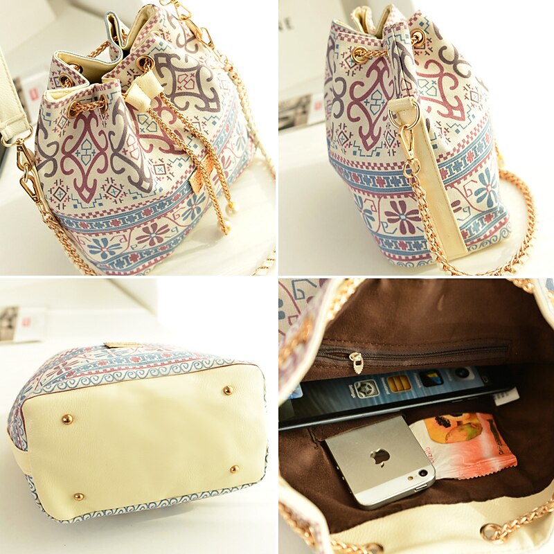 Women's Geometric Print Drawstring Bucket Bag with Gold Chain Strap – Casual Crossbody Handbag for Daily Use4
