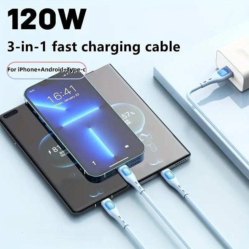 3 In 1 Design For Mac 120W USB C Multi Fast Charging Cable 3in1 Multiple Phone Charger Cable USB C Multi Cable With Type C/Micro USB/IP For Samsung S23 S22 S21 For IPhone 14 13 12 11 X XS 8 7 Pad2