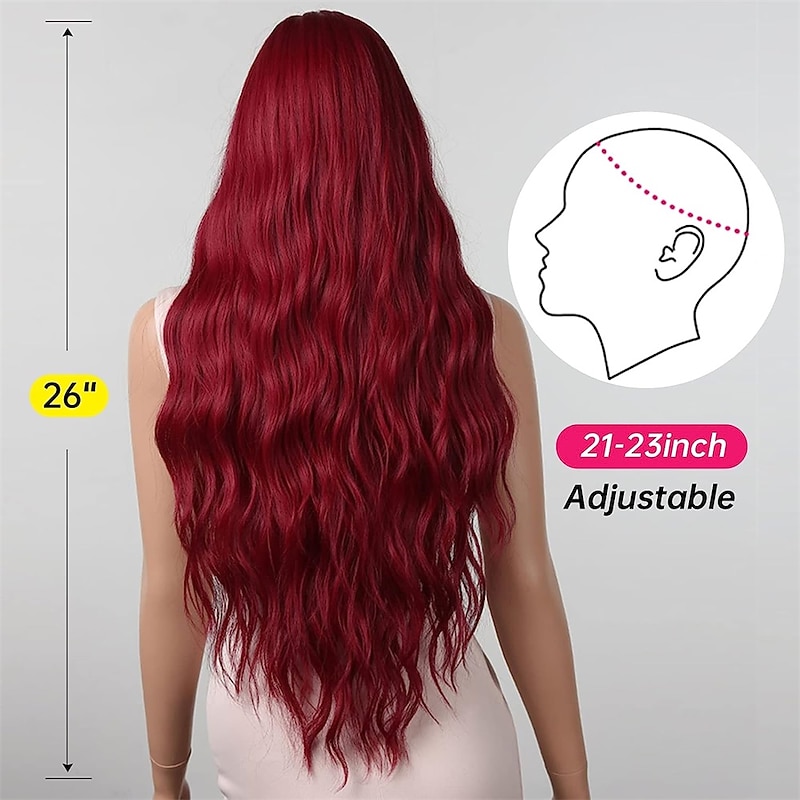 Red Wigs for Women Cosplay Long Natural Wavy Party Synthetic Hair Wig with Bangs2