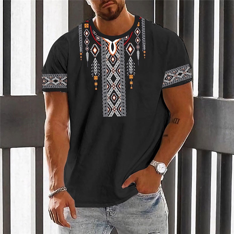 Men's Graphic Color Block Argyle T Shirt Short Sleeve T shirt 3D Print Crew Neck Shirt Fashion Designer Ethnic Outdoor Daily Sports Black & Yellow Black White Spring & Summer Clothing Apparel S M L4
