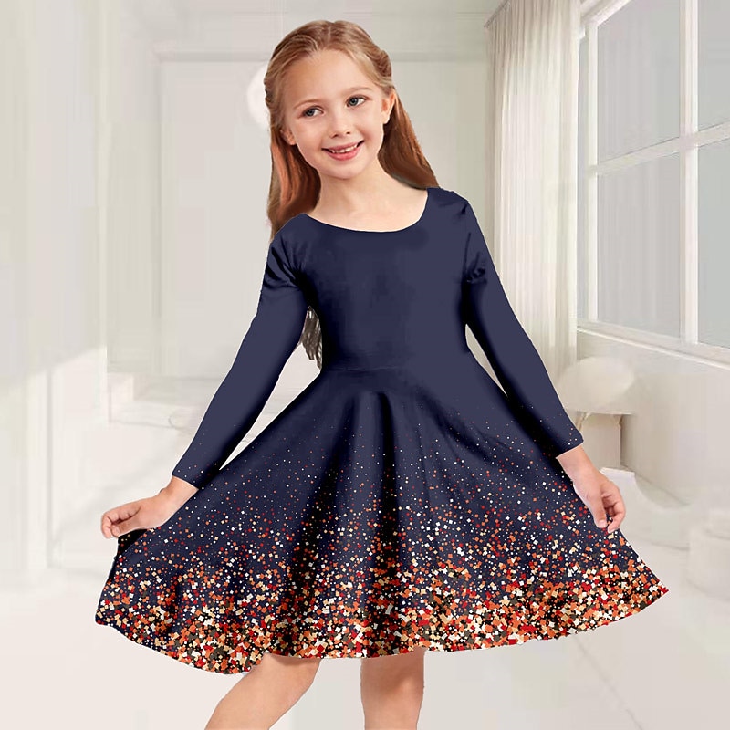 Kids Little Girls' Dress princess party A Line Dress Daily Holiday Vacation Print Navy Blue Above Knee Long Sleeve Casual Cute Sweet Dresses Fall Spring Regular Fit 3-10 Years2