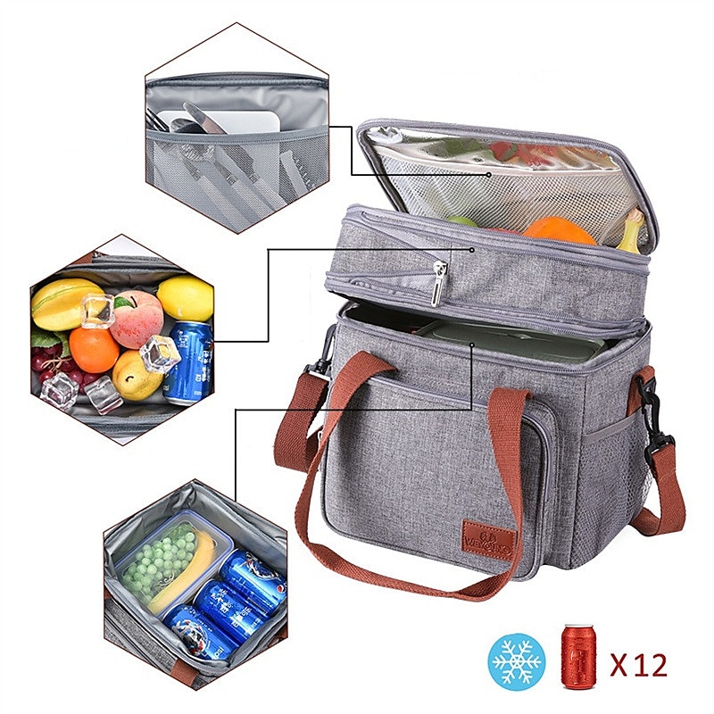 Lunch Box, 14L Insulated Lunch Bag, Expandable Double Deck Cooler Bag, Lightweight Leakproof Tote Bag With Side Tissue Pocket, Suit For Men and Women