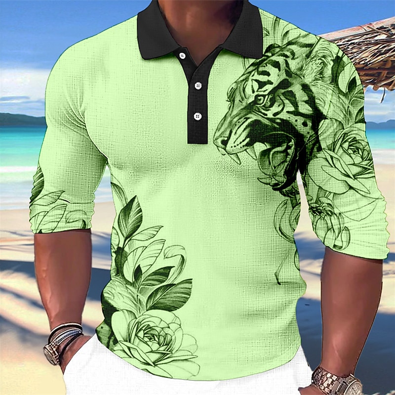 Men's Tiger Hawaiian Polo Shirts Golf Shirt Long Sleeve Polo Shirts Collared Shirts Casual Funny Beach Wear Vacation Wear Party Outfits 3D Print Buttons White Pink Blue3