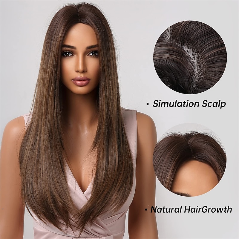 Brown Wigs for Women Long Straight Layered Synthetic Wig Natural Hair Middle Part3