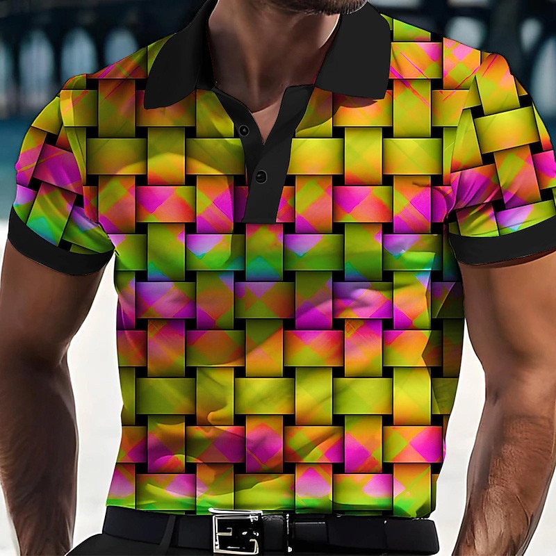 Men's Graphic Neon Polo Shirts Golf Shirt Short Sleeve Polo Shirts Collared Shirts Casual Vacation Wear Rave Wear Party Outfits Buttons 3D Print Yellow Purple - Main Image