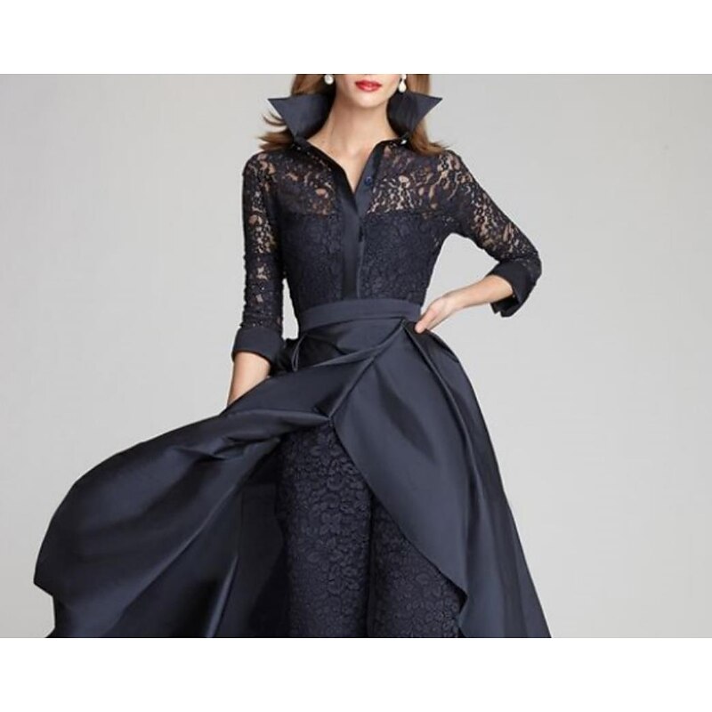 Jumpsuit Mother of the Bride  Formal Wedding Guest Vintage Party Shirt Collar Floor Length Satin Lace 3/4 Length Sleeve with Ruching3