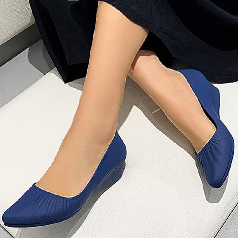 Women's Navy Blue Pointed-Toe Wedge Flats with Elastic Topline, Lightweight Slip-On Comfort Shoes for Daily Work, Commute, and Office Wear