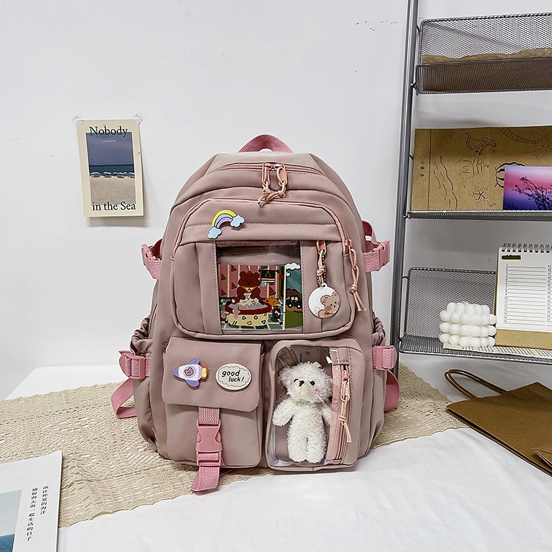 Cute Transparent Pocket Backpack Waterproof with Plush Toy - Large Capacity, Multi-Pocket Back to School Bag for Girls in Multiple Colors4