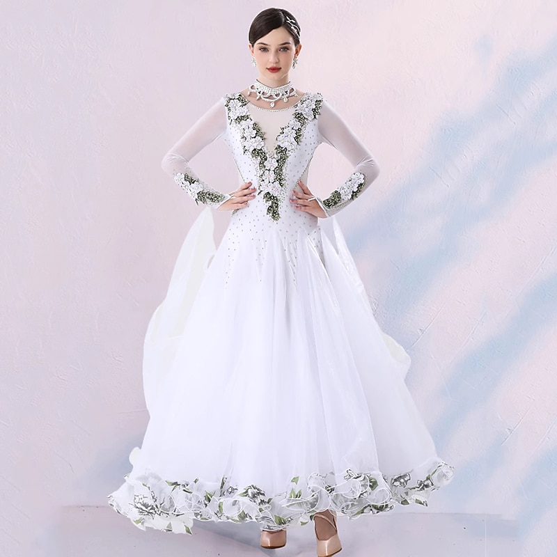 Ballroom Dance Dress Floral Print Ruffle Women's Performance Long Sleeve Natural Tulle3