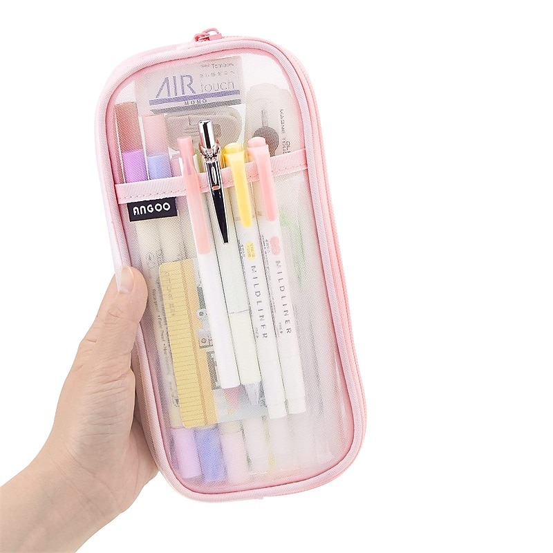 EASTHILL Grid Mesh Pen Pencil Case with Zipper Clear Makeup Color Pouch Cosmetics Bag Multi-Purpose Travel School Teen Girls Transparent Stationary Bag Office Organizer Box for Adluts(Pink)2