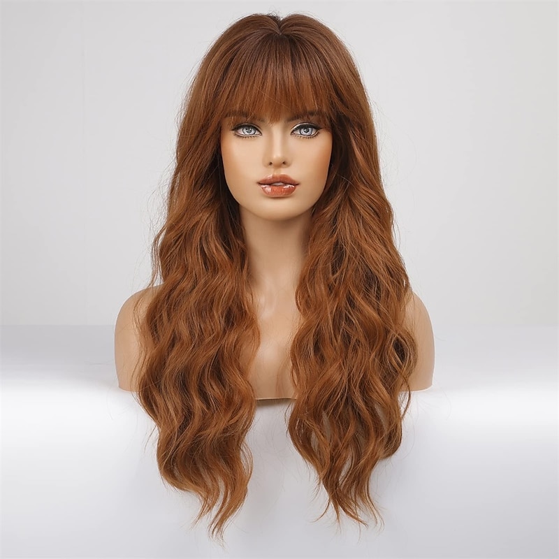 Ombre Auburn Wig with Bangs Long Curly Wig with Bangs orange wig Natural Appearance Heat-Resistant Synthetic Wig Suitable for Fashionable Women2