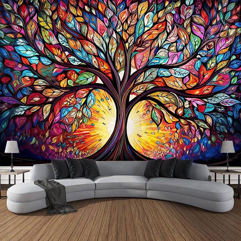 L.T.HOME Tree of Life Hanging Tapestry Stained Glass Colorful Wall Art Large Tapestry Mural Decor Photograph Backdrop Blanket Curtain Home Bedroom Living Room Decoration - Main Image
