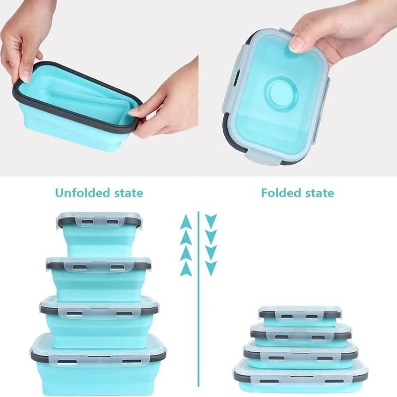 Square Silicone Crisper Refrigerator Outdoor Portable Lunch Box Retractable Folding Silicone Lunch Box Set3