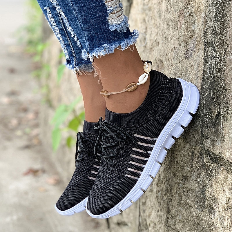 Women's Black Knit Sneakers with White Sole for Running and Casual Wear3