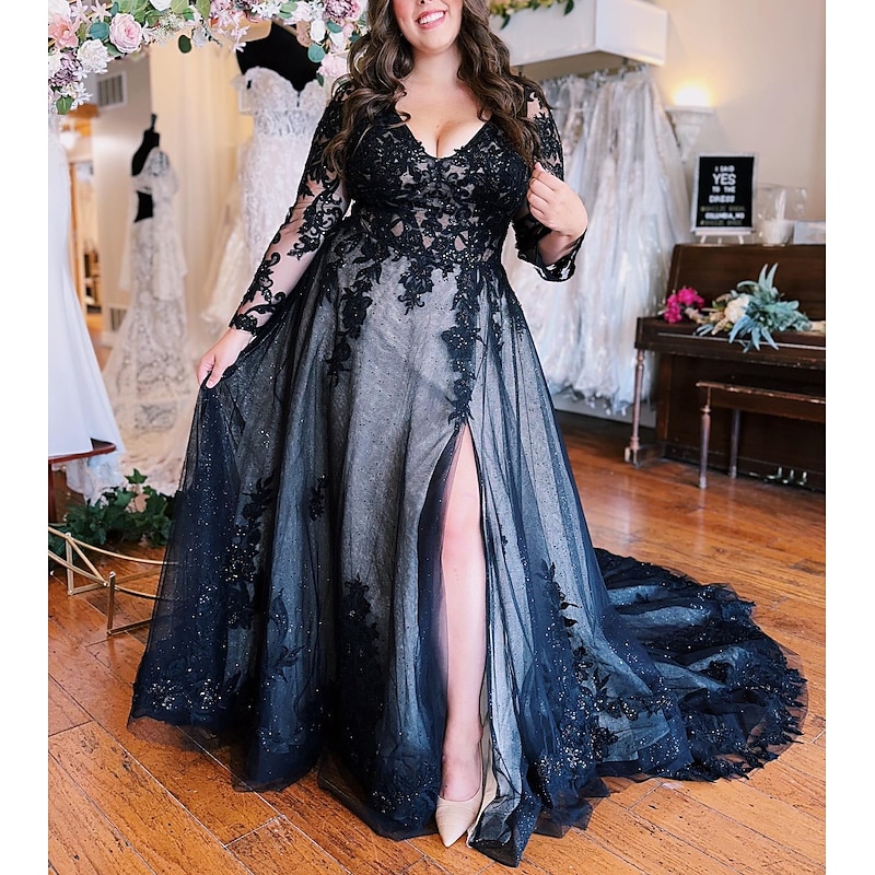 A-Line Evening Gown Black Dress Formal Wedding Court Train Sleeveless V Neck Fall Wedding Reception Tulle with Slit Appliques
