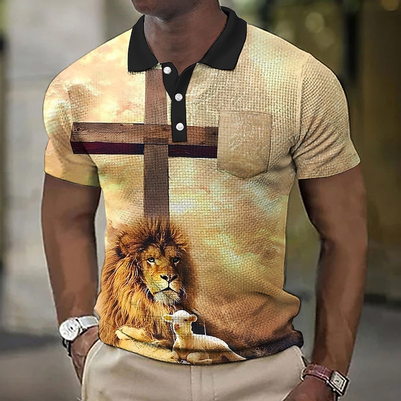 Men's Lion Graphic Prints Cross Waffle Polo Shirts Polo Shirts Lapel Polo Button Up Polos Golf Shirt Short Sleeve Shirt Turndown Outdoor Street Light Yellow Black Yellow Red Blue Print Clothing2