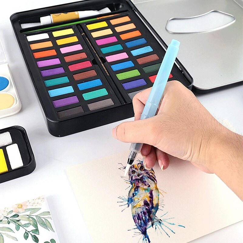 12/18/24Colors Solid Watercolor Paint Set With Paintbrush Portable Watercolor Pigment Set Art Supplies3