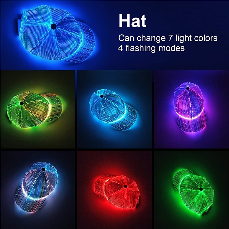 LED Fiber Optic Cap with 7 Colors, USB Rechargeable Glowing Baseball Hat for Party, Event, Holiday Light-Up Hat2