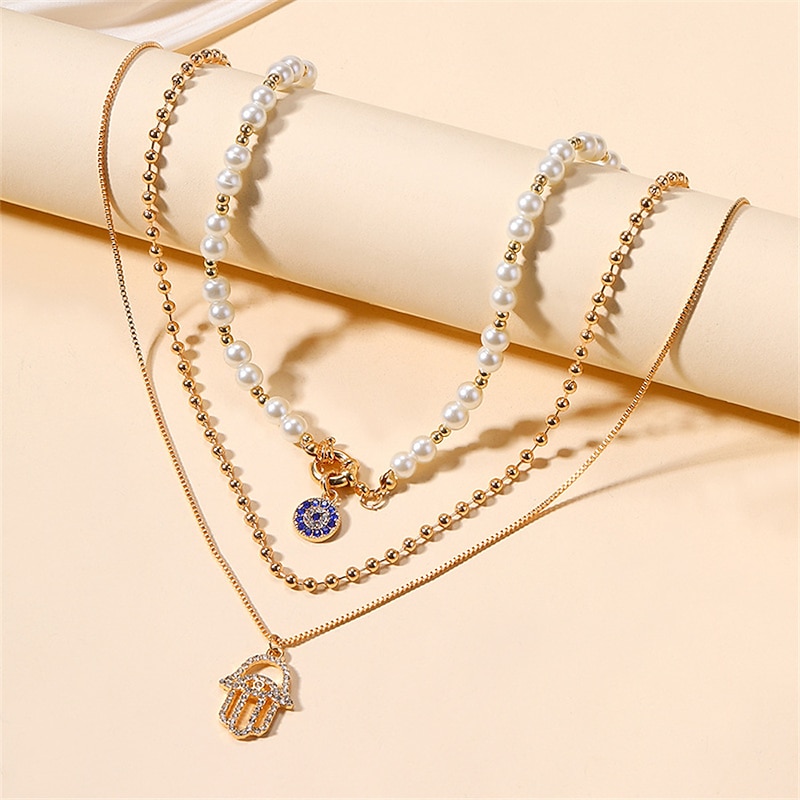 1PC Statement Necklace Layered Necklace For Women's Multicolor Party Evening Daily Birthday Party Crystal Imitation Pearl Alloy Eyes Hand3