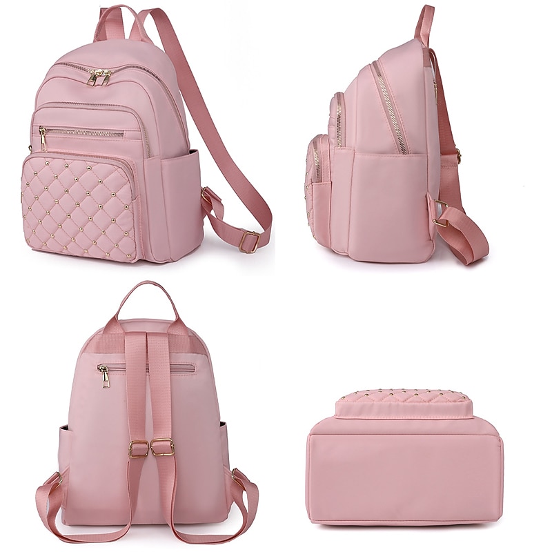 Women's Beige Quilted Backpack with Gold Studs – Stylish Oxford Cloth School Bag for Travel, Work & Daily Use2