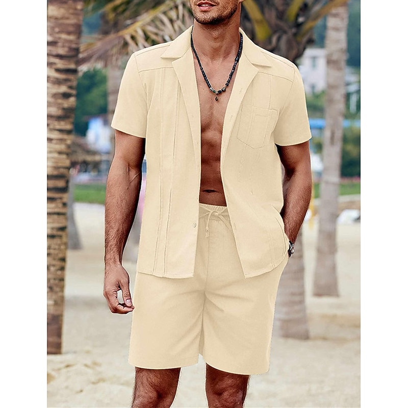 Men's Guayabera Shirt 2 Piece Shirt Set Casual Shirt Summer Shirt Black White Blue khaki Short Sleeve Plain Camp Collar Daily Vacation Front Pocket Clothing Apparel Fashion Casual Comfortable4