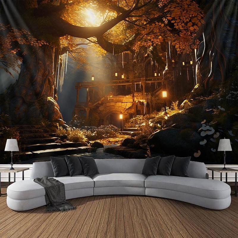 Autumn Forest Hanging Tapestry Trippy Wall Art Large Tapestry Mural Decor Photograph Backdrop Blanket Curtain Home Bedroom Living Room Decoration3