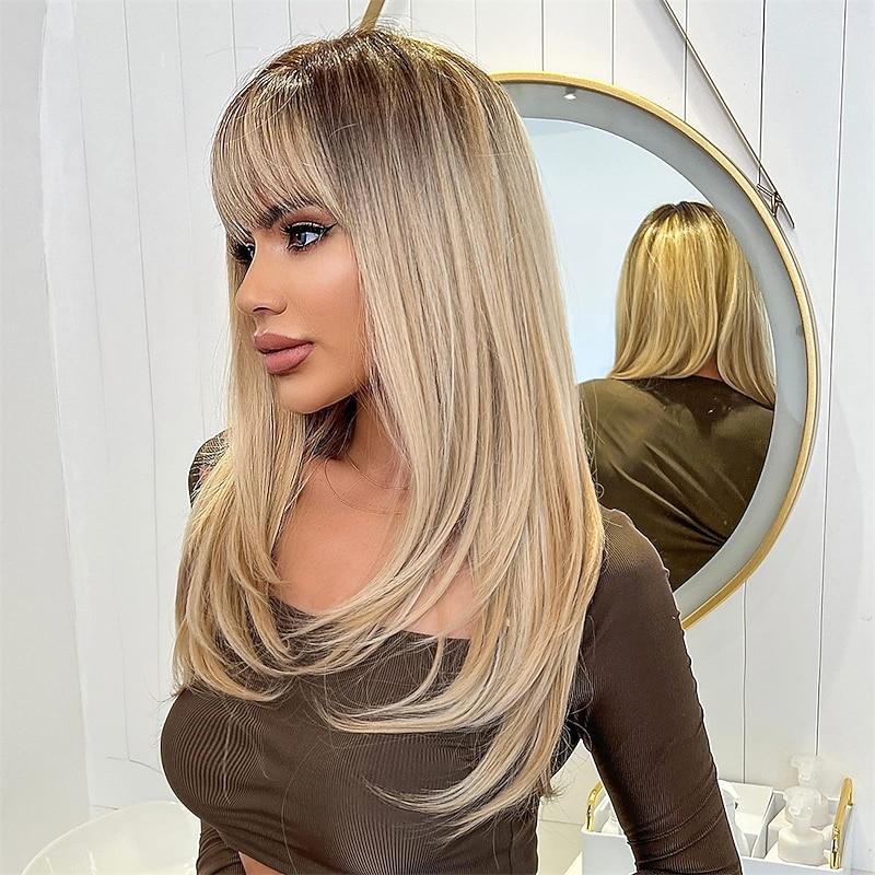 Long Blonde Wigs for Women Straight Synthetic Layered Wig with Bangs and Dark Roots2