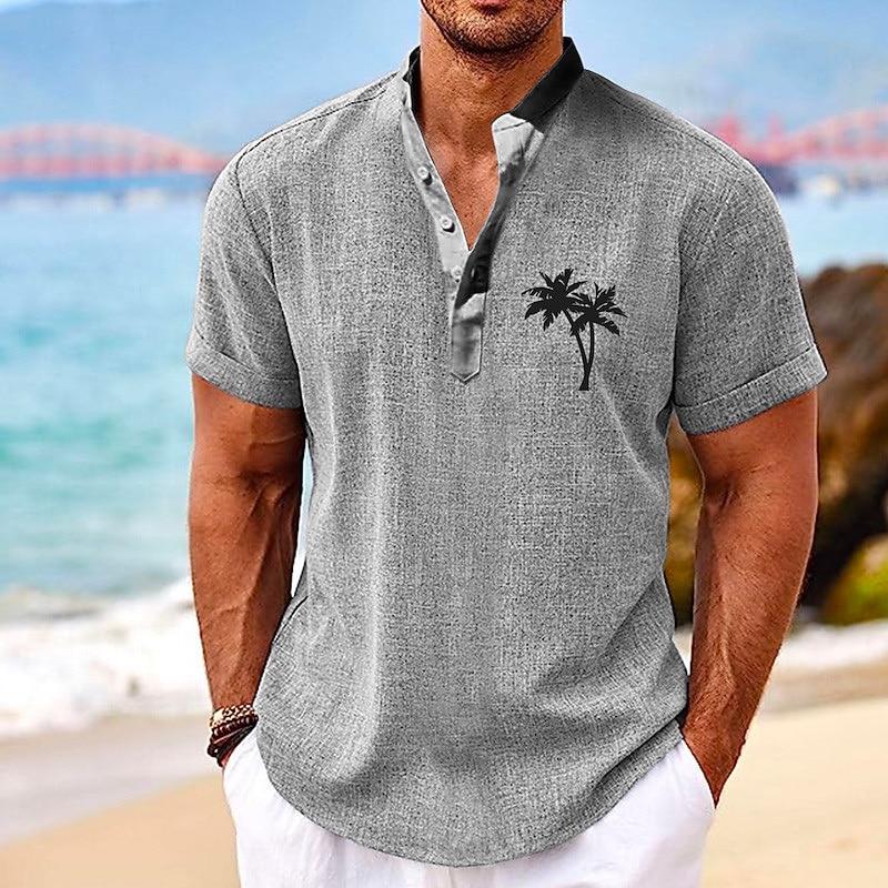Men's Shirt Linen Shirt Beach Shirt Coconut Tree Outdoor Vacation Black Green Khaki Gray Short Sleeve Stand Collar Summer Spring Clothing Apparel Print3